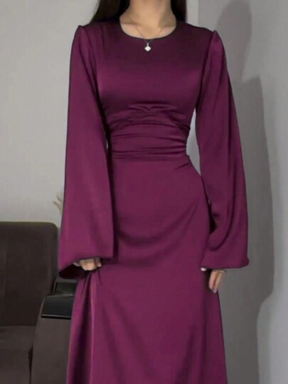Women Elegant Solid Color Bell Sleeve Modest Long Sleeve Dress