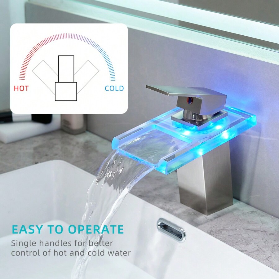 Bathroom Sink Faucet LED Light 3 Colors Changing Waterfall Glass Spout