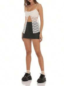 Womenacute;S Summer Lace Slim Cami Tops Front Mini Bowknot Spaghetti Strap Vest Slit Hem Camisole - White - View 1