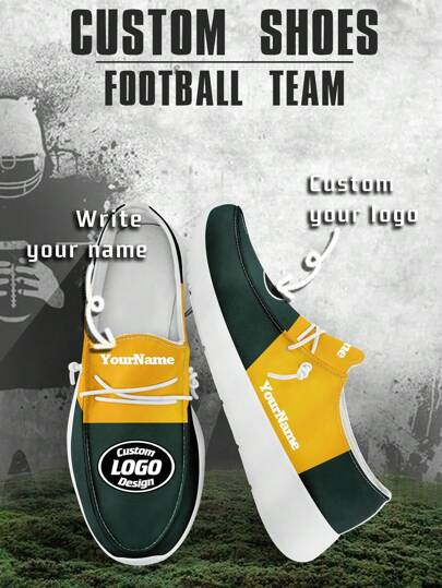 Anpassad logotyp för män Custom Name Loafers, Green Bay Football Designade lätta bekväma London-sula canvasskor för vår, sommar, höst och vinter, Slouchy Loafers, personlig rolig unik present till mamma/pappa/henne/honom/flickvän/pojkvän/fru/man/ Vän