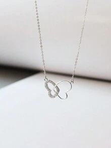 GAGAFEEL 1 chiếc Sterling S925 Bạc Cổ Điển Đơn Giản Thời Trang Dễ Thương Trái Tim Đôi Zirconia Mặt Dây Chuyền Vòng Cổ Vàng Chuỗi Cho Phụ Nữ Bạn Gái Cặp Đôi Tiệc Bạn Bè Trang Sức Quà Tặng Valentine - Bạc - Xem 3