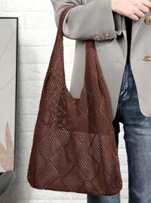 Women Hollow Knitted Shoulder Bag Simple Crochet Handbag Lightweight Casual Hollow Out Pattern Crochet Bag Vacation Style For Teen Girls Women College Students Perfect For College,Outdoors, Travel, Outings,Casual Vacation, Beach Bag, Shoulder Bag, Tote Bag, Perfect For Beach Vacation, Shopping, And Vacation Essentials, Eye-Catching Beach Bag Summer, Perfectly Matching With Crochet Set, Hottest Beach Bags For Women, Beach Necessities, Beach Essentials,Beach Stuff & Summer Essentials, Newest Holiday Bag , Crochet - Coffee Brown - View 7