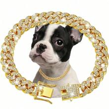 1 Pc Dog Chain Collar Shiny Rhinestone Dog Necklace Hip Hop Style Dog Chain Gold Dog Necklace Big Chain Link Chain Cat Collar All Rhinestone Fashionable Pet Collar