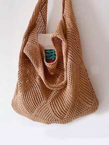 Túi đeo vai đan khoét rỗng dành cho nữ, túi xách móc len tối giản, túi móc len nhẹ nhàng, phù hợp cho thanh thiếu niên, phụ nữ, sinh viên đại học, hoàn hảo cho trường đại học, các hoạt động ngoài trời, du lịch, dã ngoại, kỳ nghỉ thư giãn, túi đi biển, túi đeo vai, túi tote. - màu nâu - Xem 10