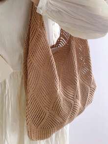 Túi đeo vai đan khoét rỗng dành cho nữ, túi xách móc len tối giản, túi móc len nhẹ nhàng, phù hợp cho thanh thiếu niên, phụ nữ, sinh viên đại học, hoàn hảo cho trường đại học, các hoạt động ngoài trời, du lịch, dã ngoại, kỳ nghỉ thư giãn, túi đi biển, túi đeo vai, túi tote. - màu nâu - Xem 5