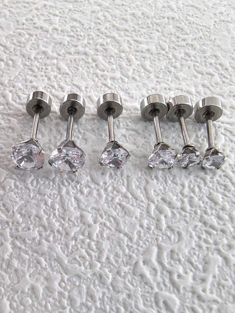 6 件/套女士不锈钢耳骨耳钉 - 圓餅銀色-白鑽 - 查看 1