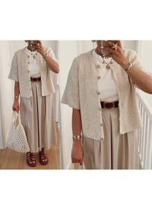 Women's Autumn Knit Cardigan Half Sleeve Round Neck Solid Color Button Up Knitwear - Màu Khaki - Xem 10
