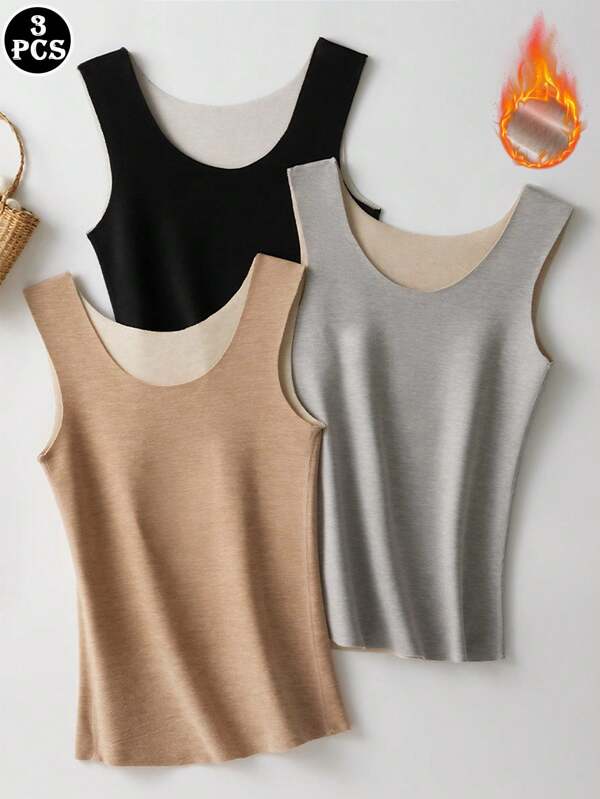 3pcs Women's Warm Rib-Knit Reversible Thermal Lined Tank Top, Solid Color