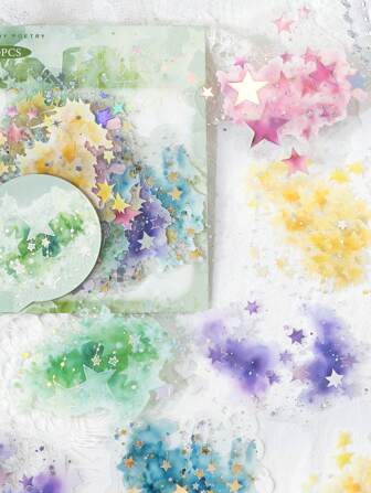 10 件装 PET 3D 激光银贴纸包，彩色水彩晕染金色烫印材料笔记本贴纸包