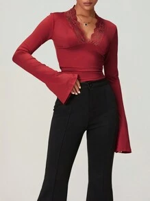 Women's Spring Tops Slim Lace Trim Deep V Neck Bell Sleeve Crop Shirt Casual Streetwear - Đỏ - Xem 6