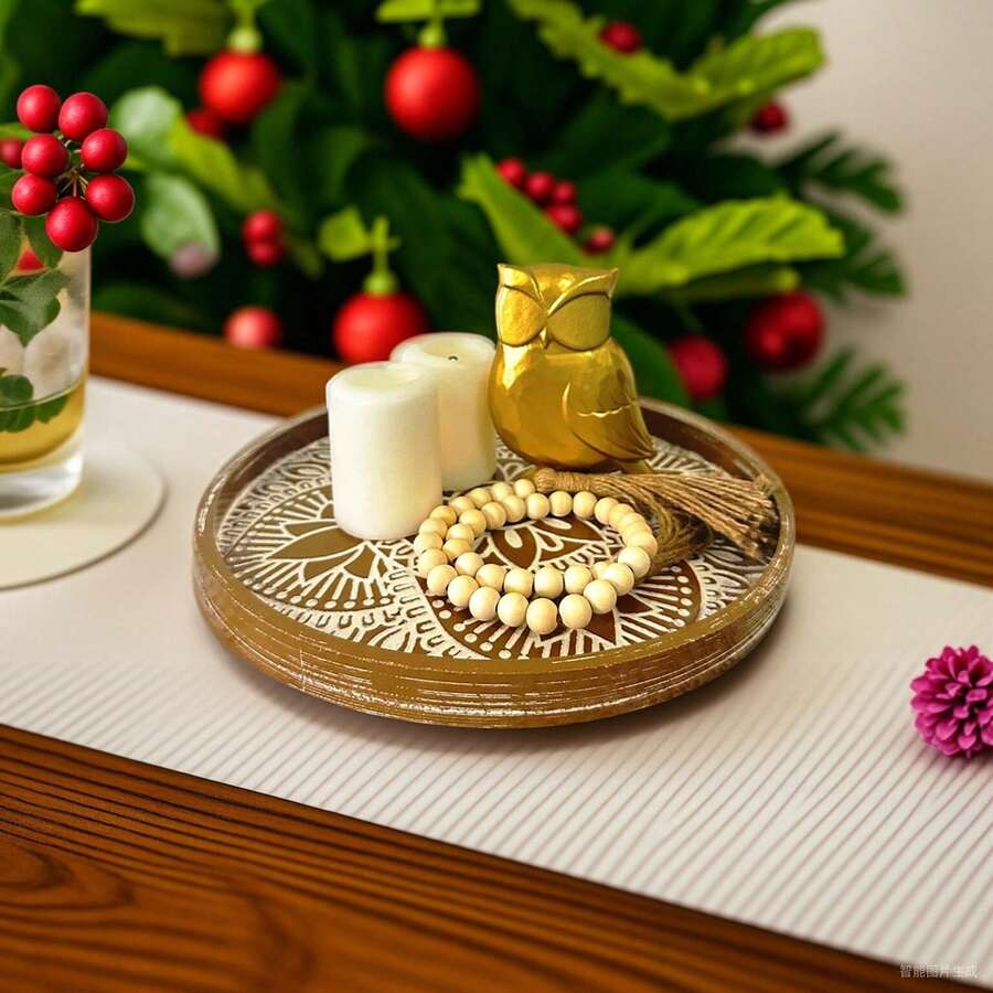 1 szt. Drewniana dekoracyjna taca, taca na stolik kawowy w stylu rustykalnym, taca na świece w stylu rustykalnym, dekoracyjna drewniana taca serwisowa, taca na blat boho, taca do serwowania na Boże Narodzenie i całoroczną stylizację domu