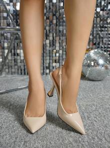 Women's Solid Color Pointed Toe High Heel Shoes, Slingback Ankle Strap Open Toe High Heels, Suitable For Outdoor Daily Wear, Commuting, Shopping, Party, Formal Occasions, Elegant And Versatile, Nude Comfortable PU Heels For Autumn
