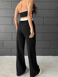 2 件套吊带背心和高腰直筒裤拼色套装，适合春夏休闲装 - 黑與白 - 查看 2