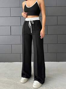 2 件套吊带背心和高腰直筒裤拼色套装，适合春夏休闲装 - 黑與白 - 查看 3