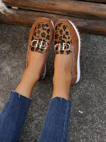 2024 New Comfortable Casual Solid Color Metal Buckle Women Flats, Outdoor Lightweight Soft Leather Leopard Print Slip-On Loafers, Retro Suede Round Toe Lace-Up Oxfords For Autumn/Winter Plus Size, European & American Style Thick Sole