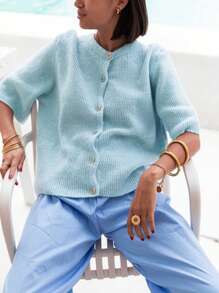 Women's Knit Cardigan Half Sleeve Round Neck Solid Color Button Up Knitwear - 藍色 - 查看 2