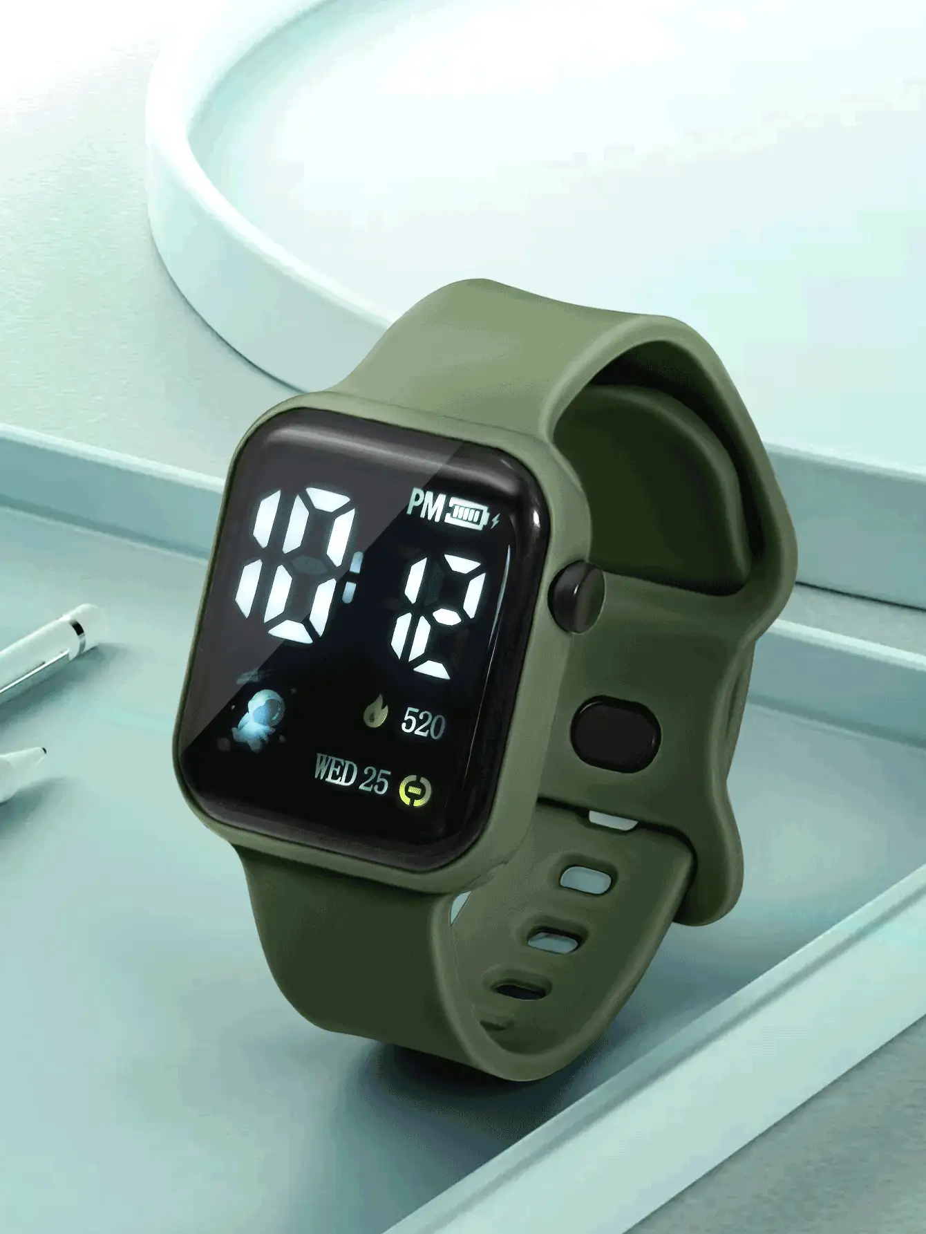 1 Đồng hồ thể thao vuông kỹ thuật số dành cho trẻ em/thanh thiếu niên bằng TPU Astronaut, thích hợp cho cuộc sống hàng ngày - xanh quân đội - Xem 3