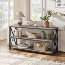 Farmhouse Console Table, 55.1" Entryway Table With Storage, 3 Tier Sofa Table With Metal Frame, Behind Couch Table For Living Room, Hallway, Entryway - Grey - View 2