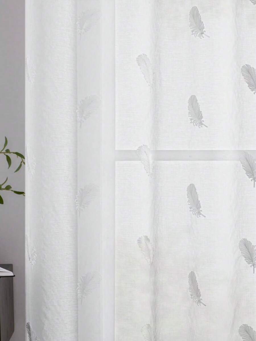 1pc White Feather Curtain With Top Ring Design, Semi-Transparent Sheer Curtain With Feather Embroidery Punch-Hole, Suitable For Bedroom, Living Room/Balcony, Countryside, Ranch Gifts Birthday Graduation