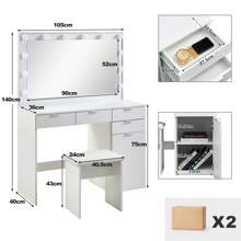 CLIPOP Große Schminktisch Weiß mit LED Beleuchtung und Hocker, Kosmetiktisch mit Spiegel, 4 Schubladen, Aufbewahrungsschrank und Hocker, Frisierkommode Frisiertisch Schlafzimmermöbel Vanity Set