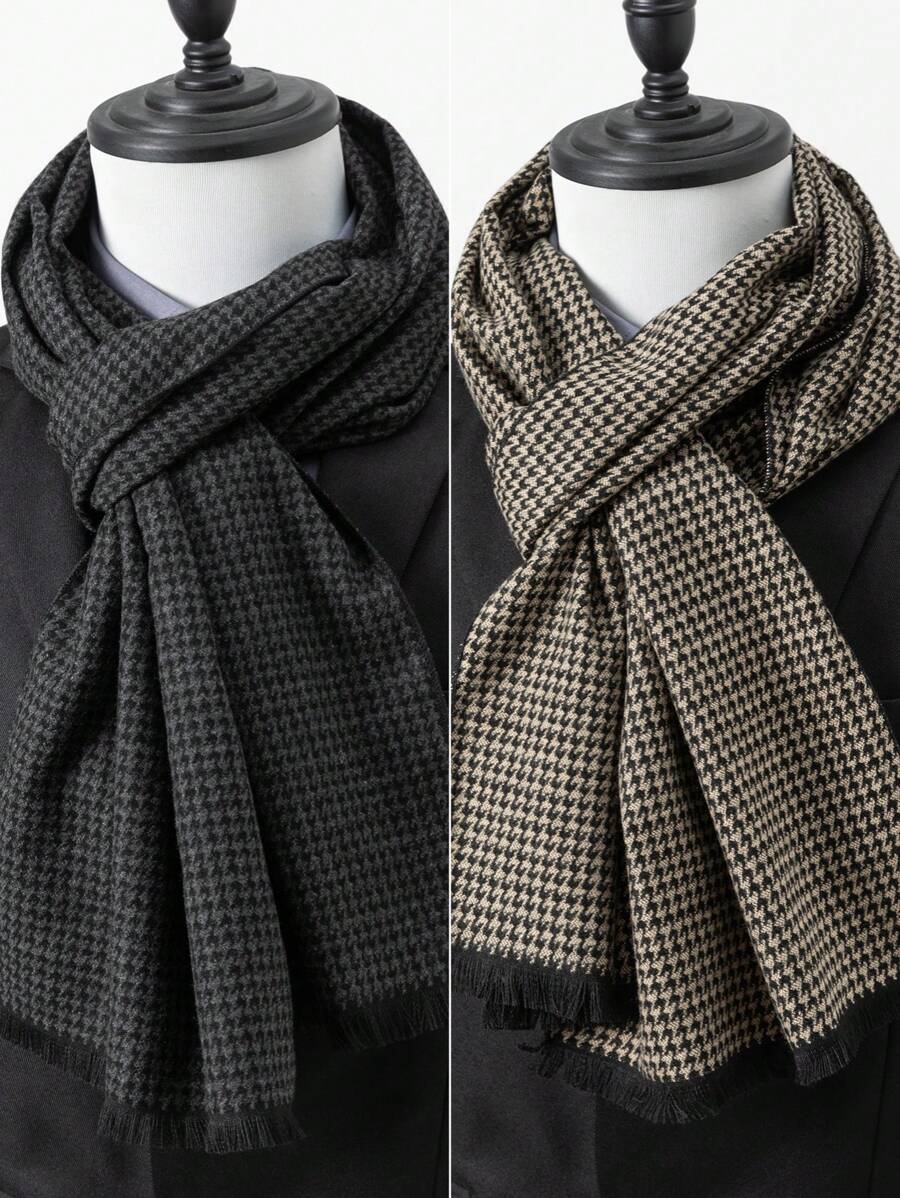 1 件男士围巾新款经典千鸟格图案百搭大衣，温暖时尚的围巾配饰 - 彩色 - 查看 1