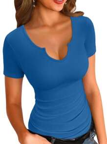 Womens Tops Crew Neck Summer Short Sleeve Casual Slim Fitted Tshirt - Blue - View 1