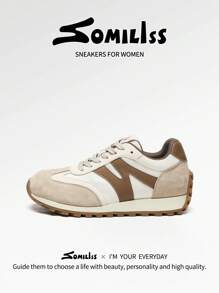 somiliss 1 Pair Women's Sporty Anti-Slip Casual Shoes, Lace-Up Front, Brown Faux Leather & Fabric Upper, Comfortable Soft, Student Running Sneakers, Classic Fashion Low-Top Flat Tennis Outdoor Walking Shoes - Brown - View 3