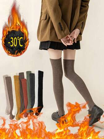 Thickened Knee High Socks, Calf Long Tube Socks, Looped Warm Socks, Slimming Legs, Showing Leg Length, Solid Color 1pair