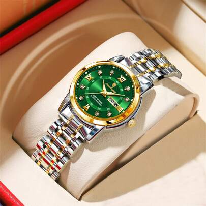 1 pièce Montre femme d'affaires cadeau de marque réelle POEDAGAR (Origine) Cadran vert mode 50 étanche Calendrier bilingue anglais Quartz Luxe Cristal Diamant Échelle Cadeau d'anniversaire Cadeau de vacances Épouse Amie Amant Partenaire d'affaires Cadeaux Acier inoxydable indéfectible Fournitures scolaires essentielles