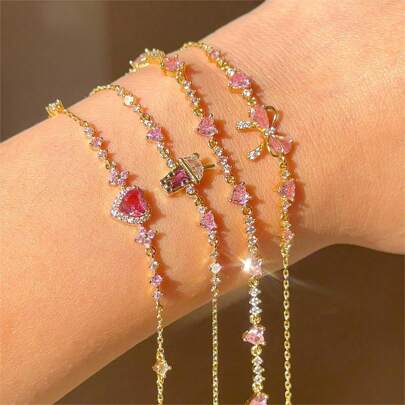 1Pc Cute Sweet Bracelet Love Zirconia Butterfly Festival Bracelet, Electroplated 18K True Gold, Valentine's Day Gift, Ladies' Jewelry,Suitable For Daily Wear,Mom,Mother,Mother's Day,Gift