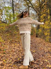 Women's New Fall And Winter Round Neck Retro Fair Isle Print Long-Sleeved Knit Sweater Loose College Style Young Fashion Simple Ribbed Sweater