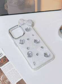 白色3D水鑽貓咪蝴蝶結手機殼，適用於Apple 17 Pro Max、15 Pro Max、14、新款16 Pro、Niche 13 Pro、透明14 Pro Max、13、12，防摔手機殼 - 白色 - 查看 7