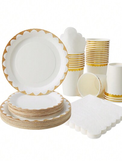 White & Gold Trim Disposable Plate, Napkin And Cup Set, Suitable For 25 Guests, One-Time Use Paper Plates Party Supplies Fit For Birthday Wedding Party Home Picnic