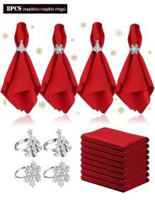 8pcs/Set Christmas Red Cloth Napkins And Christmas Snowflake Christmas Tree Napkin Rings, Suitable For Christmas, Parties, Weddings, Dining Table Decorations - Multicolor - View 14