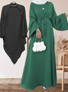 1 套缎面穆斯林长袍，宽袖，简约设计，百搭长袍配腰带，纯色单层麦地那头巾