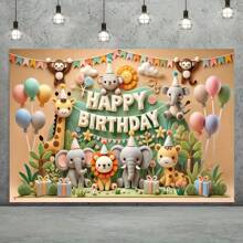 1 件聚酯纤维生日快乐横幅，带有丛林动物、节日森林动物主题、无需电源、多功能场合花园装饰，适用于室内和室外派对 - 1個 - 查看 4