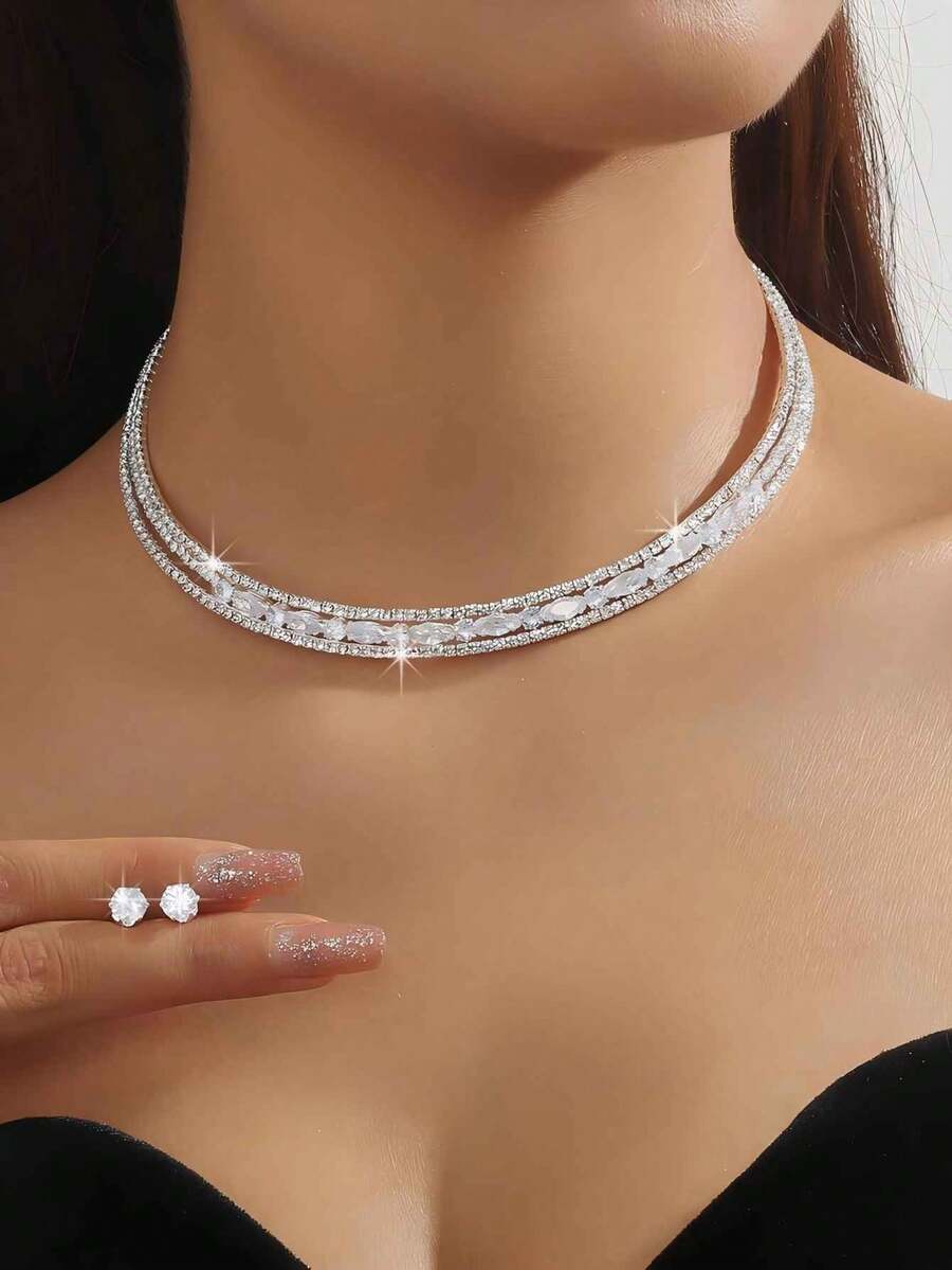 1 Đôi Hoa Tai Và 1 Dây Chuyền Cubic Zirconia Tổng Hợp Nhiều Lớp, Thích Hợp Cho Đám Cưới Và Tiệc Tùng - Bạc - Xem 1