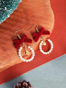 女士可爱植绒蝴蝶结耳钉，复古法式风格，情人节耳环，植绒纹理耳饰，适合秋冬季 - 彩色 - 查看 1