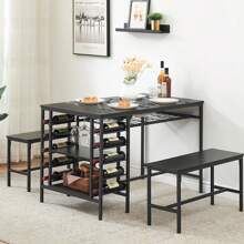 Dining Table Set For 4, Kitchen Table With 2 Benches, Wine Rack And Storage Shelf, Rectangular Dining Room Table Set, 3 Piece Dining Table Set For Small Space, Apartment, Dinette, 39.17 X 30.31 X 7.28 Inches - 黑色 - 查看 1