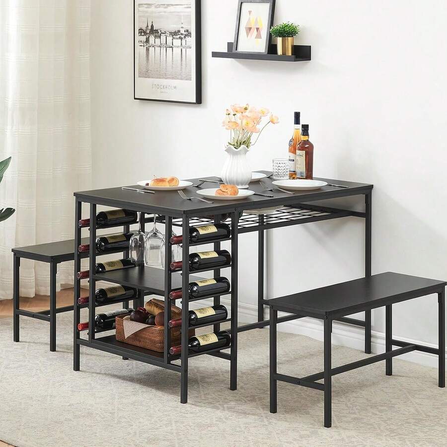 Dining Table Set For 4, Kitchen Table With 2 Benches, Wine Rack And Storage Shelf, Rectangular Dining Room Table Set, 3 Piece Dining Table Set For Small Space, Apartment, Dinette, 39.17 X 30.31 X 7.28 Inches - 黑色 - 查看 1