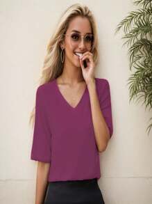 Camisetas de mujer de cuello en V, camisetas básicas de verano, blusas casuales de manga corta - Burdeos - Ver 4