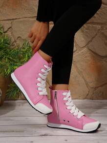 女士高帮系带侧拉链休闲运动鞋 - 粉色 - 查看 1