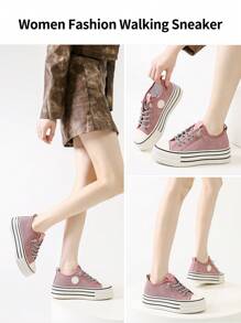 somiliss Women's Sporty Casual Canvas Sneakers, Lace-Up, Shiny, Soft & Comfortable Thick Sole, Student Running Shoes, Classic Fashion Low-Top Flat Outdoor Walking Shoes - Pink - View 8