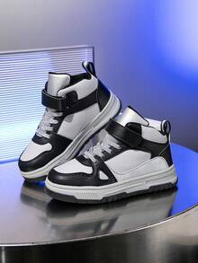 1 paire de baskets montantes pour enfants, en PU, chaussures de course casual d'intérieur/extérieur, faciles à enfiler, légères, respirantes, confortables, design patchwork mode unisexe - Argent - Voir 2