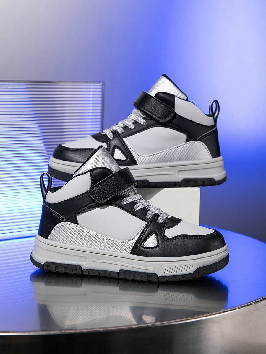 1 paire de baskets montantes pour enfants, en PU, chaussures de course casual d'intérieur/extérieur, faciles à enfiler, légères, respirantes, confortables, design patchwork mode unisexe - Argent - Voir 1