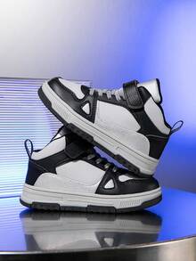 1 paire de baskets montantes pour enfants, en PU, chaussures de course casual d'intérieur/extérieur, faciles à enfiler, légères, respirantes, confortables, design patchwork mode unisexe - Argent - Voir 3