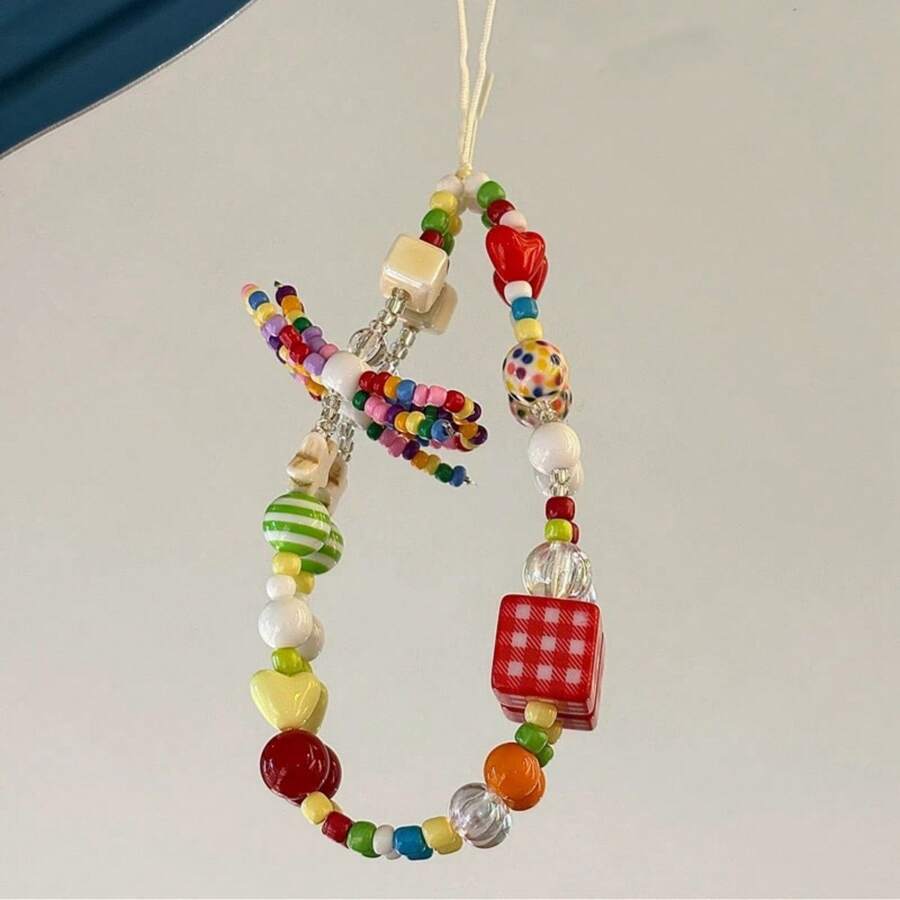 手工制作的手机挂绳,配彩色蝴蝶结,多巴胺设计,DIY 串珠相机带,手机防丢绳,耳塞袋,包包吊坠,适合少女,原创设计 - 紅色 - 查看 1