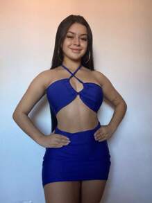 WOMEN'S SET OF CROSSOVER TOP WITH PADS AND MINI SKIRT - 寶藍色 - 查看 3
