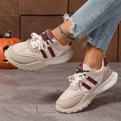 Tênis de corrida femininos, versão coreana, solado grosso e respirável, estilo casual de rua, com cadarço, sola grossa, quatro estações, versátil e moderno, para uso diário, bege