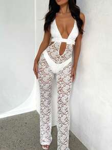 Women Halter Flare Jumpsuit Casual Summer Cutout Lace See-Through Backless Romper Pants for Clubwear Streetwear - Blanco - Ver 3